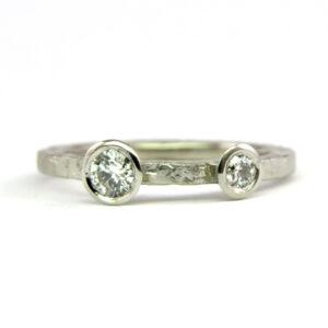 Hammered two stone diamond stacking ring in platinum