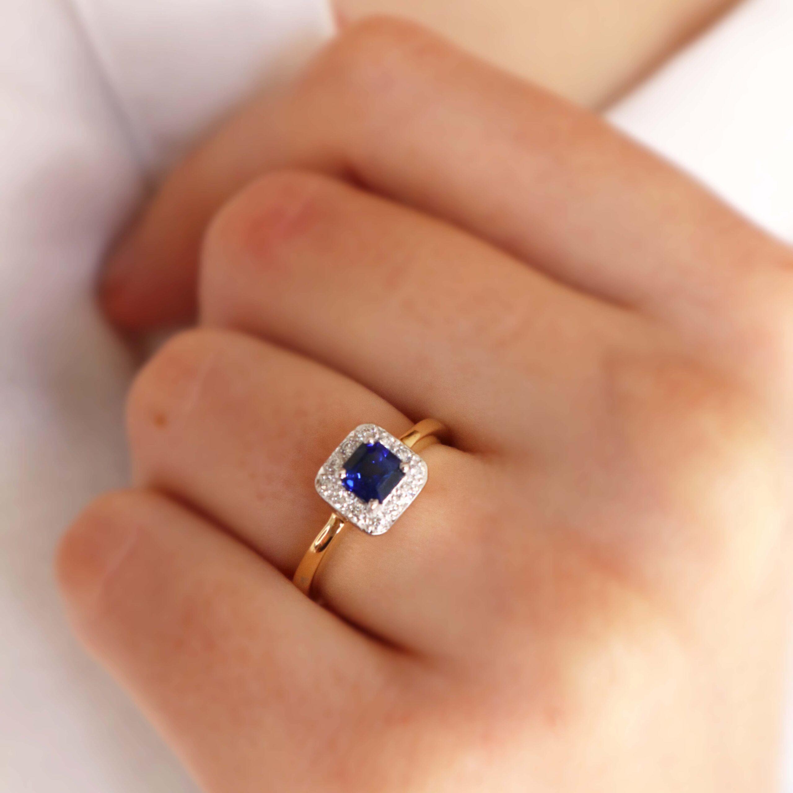Sapphire and diamond square halo ring