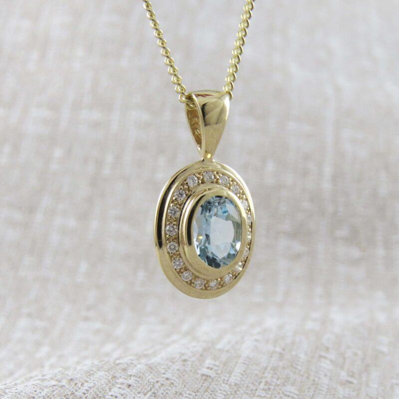Aquamarine halo pendant in gold