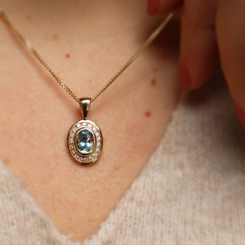 Aquamarine halo pendant in gold